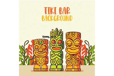 Background Tiki Masks with Palm Leaves Illustration ancient background collection culture decoration ethnic exotic hawaii hawaiian masking ornament polynesian sculpture set sign tiki totem traditional tribal wood