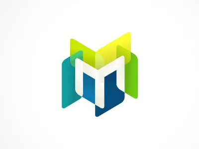 Logo "M" icon blue branding green identity letter logo multi color screens transparency yellow
