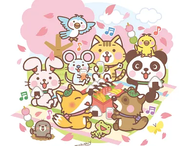 Cherry Blossom Viewing Party bird cat character cute fox frog illustration illustrator kawaii mole mouse panda pop rabbit raccoon dog