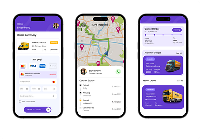 Payment courier service delivery app e commerce logistics app map design package tracking parcel delivery shipping tracking app transportation app