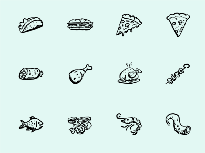 Hand Drawn Food Icons 2 black cafe coffee food hand drawn hatchers icons ink pen restaurant sketch