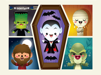 Kawaii Monsters Limited Edition Print coffin creature from the black lagoon cute dracula frankenstein kawaii monsters movies mummy vampire werewolf