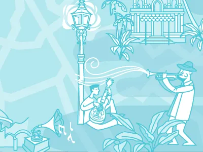 Work in Progress coconut trees gramophone guitar lamppost leaves trumpet