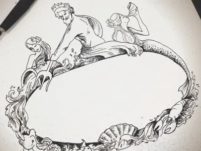 Triton, mermaids and sea creatures ink illustration mermaid nautical sea shells triton