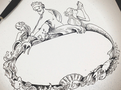 Triton, mermaids and sea creatures ink illustration mermaid nautical sea shells triton