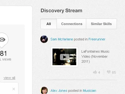 SkillPages Discovery Stream background circles clean crisp discovery stream divider heart heart icon icon minimal play recommendation shadow shadowing skillpages texture video