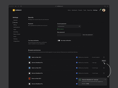 Security settings — Untitled UI dark mode dark ui preferences product design settings table ui design user interface