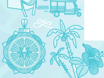 Work in Progress III coconut tree compass hibiscus tuktuk