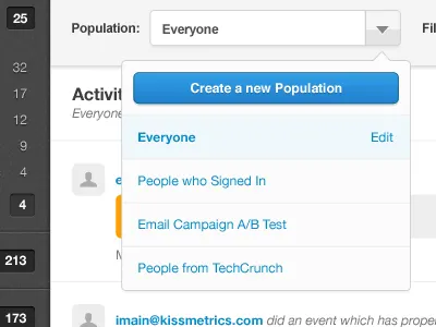 KISSmetrics Live update analytics dropdown kissmetrics live metrics