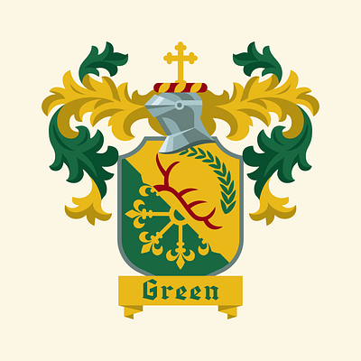 Green Family Crest - Rejected achievement antler christian crest cross escarbuncle family gold green helm heraldic heraldry laurel wreath