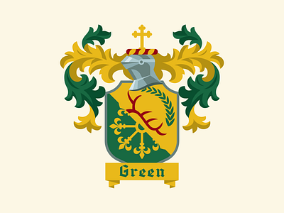 Green Family Crest - Rejected achievement antler christian crest cross escarbuncle family gold green helm heraldic heraldry laurel wreath