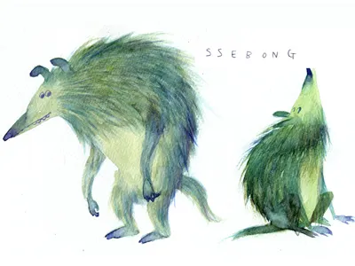 Green wolf. character illustration ssebong watercolor wolf