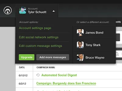 Super Nav account settings applications fanbridge multi account navigation super navigation ui ux web app