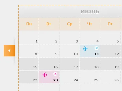 Flight Booking Calendar arrow blue calendar cyan days digits flights gray magenta month orange pink plane icon website week