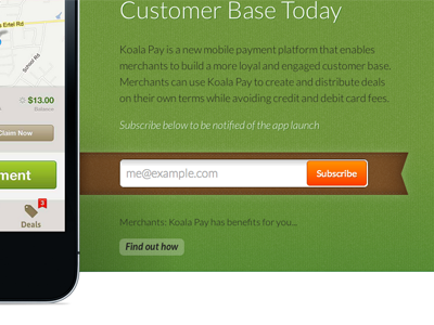 Koala Pay Landing Page app brown green iphone koala pay landing lato orange sign up subscribe texture