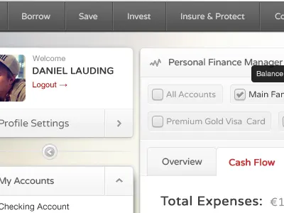 PFM accounts backbase launchpad nav pfm portal sidebar tabs tags widget
