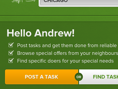 Hello Andrew! buttons green list orange tasks ui white