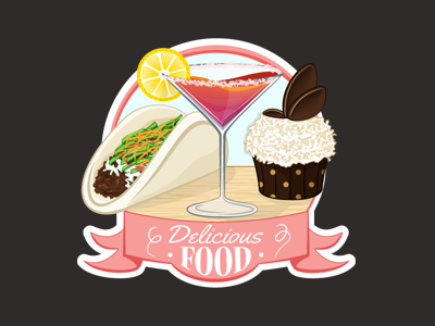 Delicious Food Group Icon - Draft badge banner cheese chocolate cupcake drink food illustration lemon lettuce meat taco vector