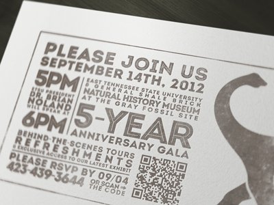 Gray Fossil Site Invitation dinosaur distressed inline type invitation letterpress museum warm gray