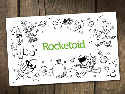 Rocketoid Flyer asteroids astronaught flag flyer hand drawn planets robot rocket satellite sketch space stars