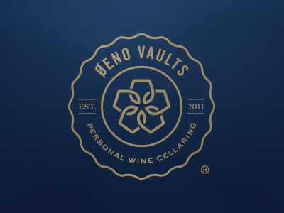 Oeno Vaults Seal of Approval badge blue branding gold identity logo sweet sans trade gothic type wine