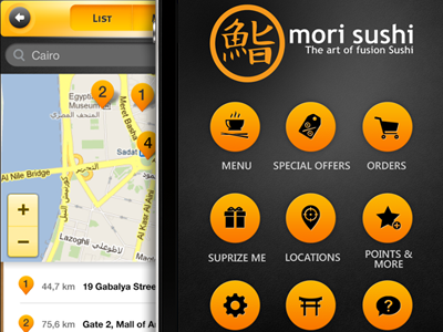 suchi app app buttons icons iphone list locations main screen map mobile navigation pins