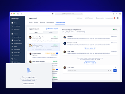 Support Dashboard dashboard help query razorpay support ticket ui