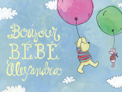 Bonjour Bébé Alexandra hand drawn illustration lettering type water color watercolor