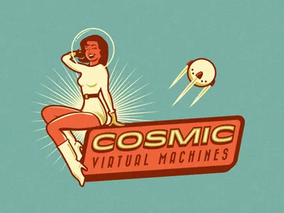 Cosmic Virtual Machines Logo branding cosmic virtual machines girl growcase identity idlewild logo logo design logo designer pin up retro satellite space space girl web hosting woman