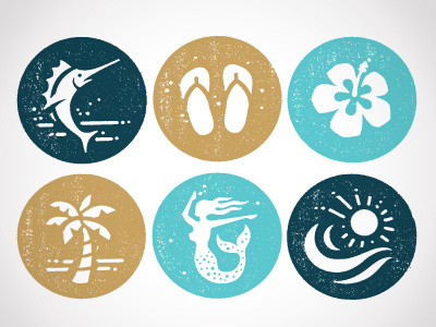 Icons bill fish flip flops flower icons mermaid ocean palm tree