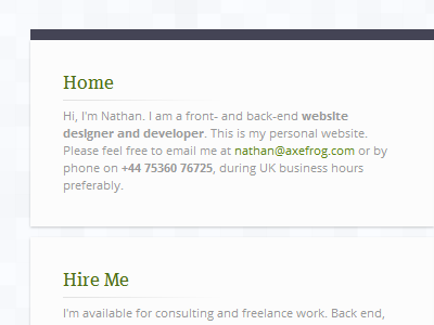 My personal site - the sidebar black gray green grey minimal navigation shadow sidebar subheading subtle