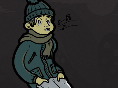 Golden Mondays character design hands in musician pocket walking whistling