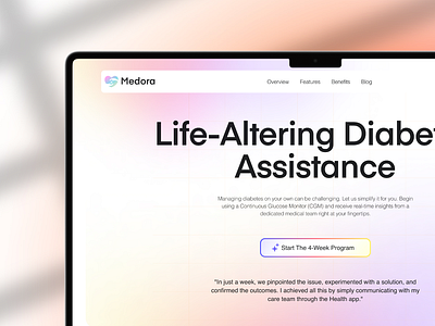 Medora | Diabetic Support Landing Page Design diabetic diabetic consultation diabetic control diabetic support figma gradient colour health care health solution landing page landing page design logo minimal modern web design responsive design treatment trending design typography ui uiux web design