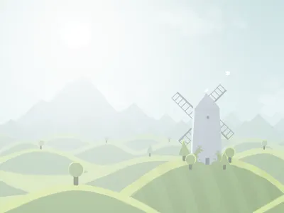 Hills birds grass haze illustration landscape mountains sky sun surreal trees windmill