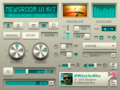 UI Kit Freebie (Newsroom) buttons digital earch equalizer form elements iconography icons knobs label media player photoshop profile psd search sliders toggles tool tip ui vector volume