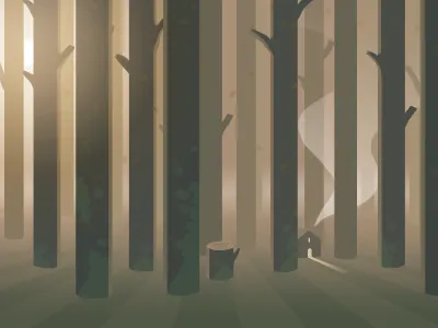 Forest autumn cabin forrest hut illustration landscape leaves smoke stump surreal trees woods