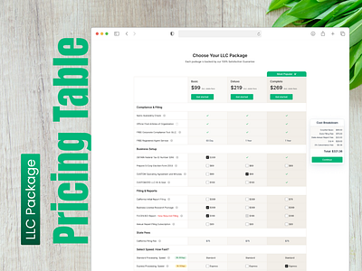 Pricing Table - LLC Package app design app screenshot beautiful design branding dashboard design figma figma design green illustration landing page design llc package llc pricing table mobile app design real estate saas ui userexperience ux ux design