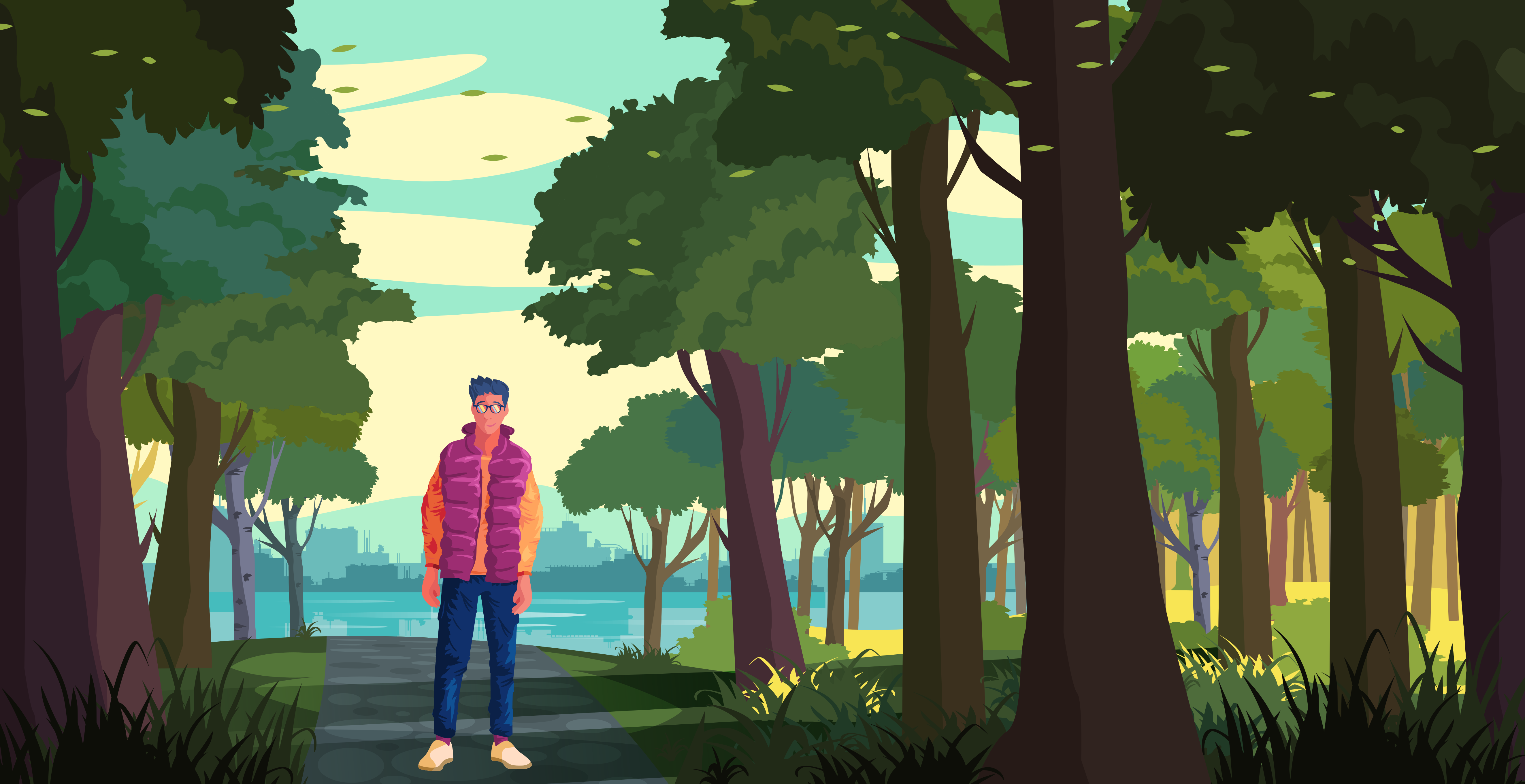Park flat illustration 2d art character character design design flat design flat illustration graphic design illustration inkscape park stroll trees