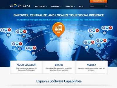 Taking Over the World blue bright button clean header hero icons orange rays slider social texture white world