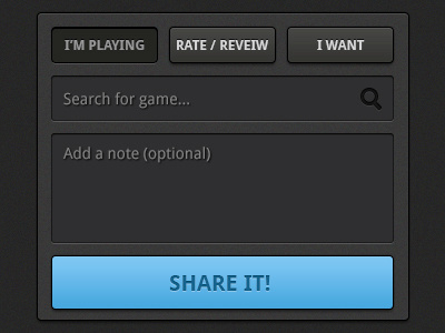 What are you gaming? app blue button dark game input noise note play playing rate review search share textarea texture ui video game