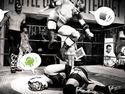 Apple vs Google 8 gram gorilla android apple black and white photo wrestling