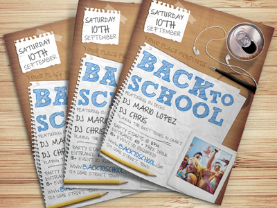 Back To School Party Flyer Template advertising back blue club college dance design desk event flyer layout modern nightclub paper party pencil poster print promotion psd school student teen white