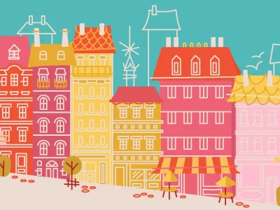 Mystery Project II architecture blue buildings colourful orange pink trees yellow