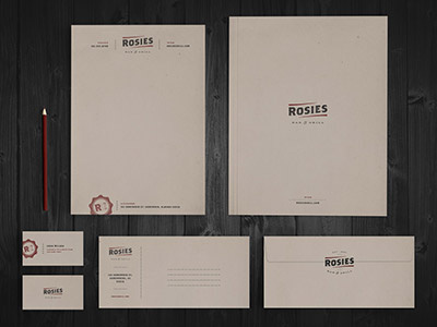 Rosies Stationary branding business cards envelopes folder letterhead logo marks pencil stationary texture