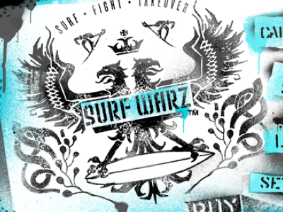 Surf Warz iPhone game app art black blue design distressed eagle graphic hand illustration iphone lettering logotype music rock sans script serif surf texture tuscan typography wordmark