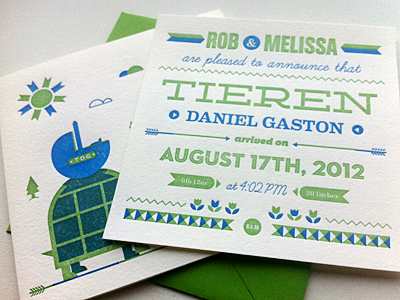 Baby Announcement Printed 2 color announcement baby blue color cute dangerdom dominic flask flowers green illustration letterpress turtle two typography