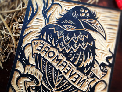 "Nevermore" - Block Print Carved americana art block print castle derrick derrick castle design drawing edgar allen poe graphic design illustration linoblock nashville nashvillemafia nevermore raven straw castle woodblock