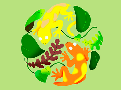 Illustration of Geckos animal illustration animal themed art art artwork circular composition colourful eco friendly aesthetic gecko gecko illustration harmonious design illustration jungle illustration leaves leaves illustration organic shapes tropical illustration tropical vibes vibrant colors wildlife wildlife illustration