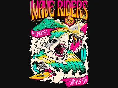 DR. MOOSE, WAVE RIDERS - VECTOR SURF ILLUSTRATION art australia beach branding byron bay design graphic design illustration logo shark skeleton surf vector wave