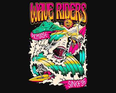 DR. MOOSE, WAVE RIDERS - VECTOR SURF ILLUSTRATION art australia beach branding byron bay design graphic design illustration logo shark skeleton surf vector wave